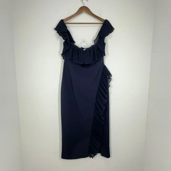 Likely Navy Blue Ruffle Off Shoulder‎ Midi Dress Formal Evening Gown Size 12 - Picture 4 of 16